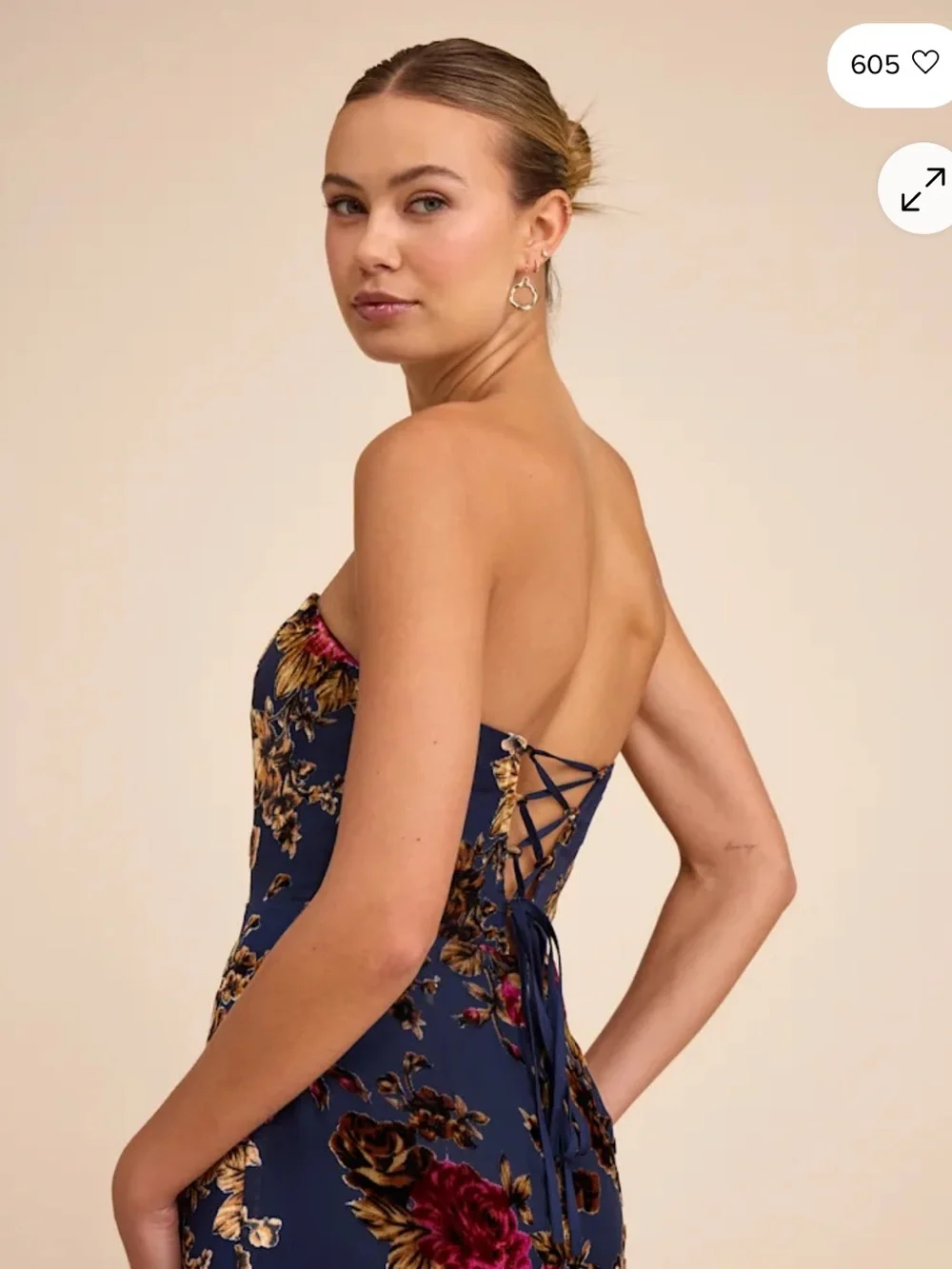 Lulu’s Anoah Navy Floral Velvet Burnout Strapless Maxi Dress in X-Small - Picture 3 of 8